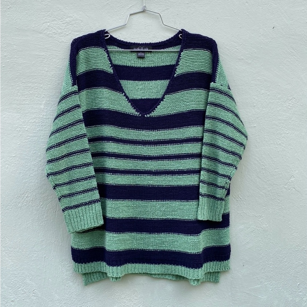 August Silk navy green strip top size large